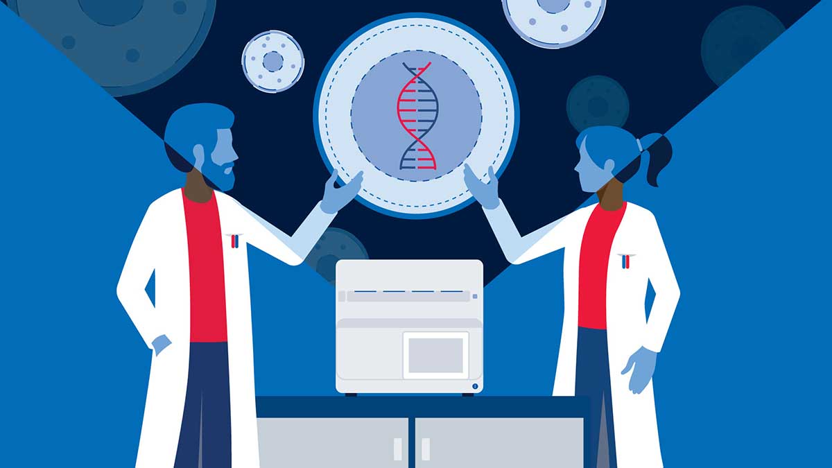 illustration of two people in labcoat showing a projection of a genome